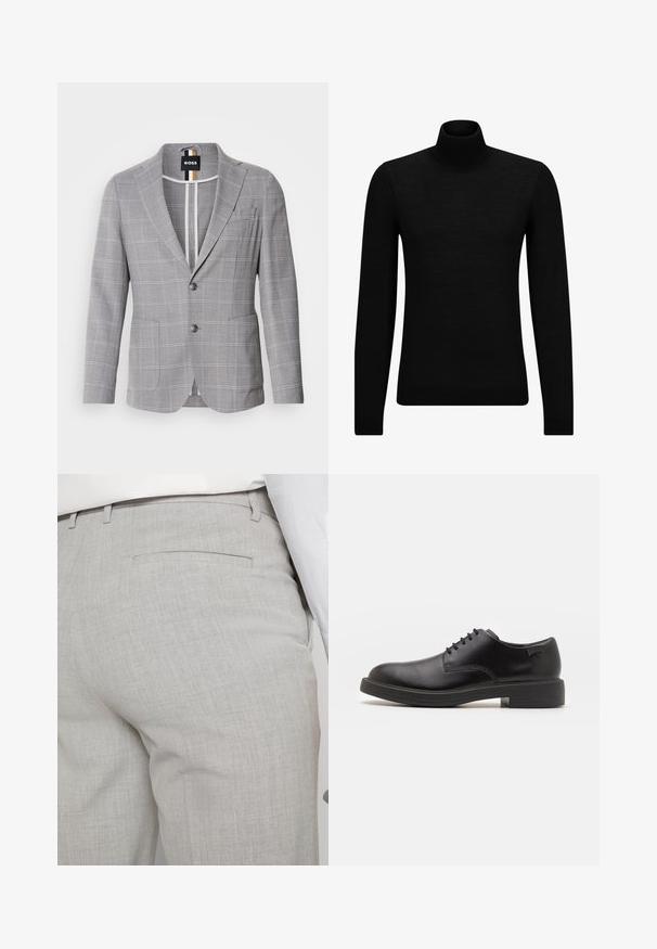 Pilkas patikrintas švarkas, pagamintas iš audinio su subtilia tekstūra. Savybės: išpjauta apykaklė, dviejų mygtukų uždarymas ir priekinės kišenės.; Juodas aukšto kaklo megztinis, pagamintas iš minkštos medžiagos, su ilgomis rankovėmis ir prigludusia forma. Su raukiniais apačioje ir rankogaliuose. Paprastas dizainas.; Šviesiai pilkos spalvos pritaikytos kelnės iš faktūrinės medžiagos, turinčios vieną užpakalinę kišenę ir tvarkingus siūlus.; Juodas odinis batų modelis su raišteliais, apvaliu nosiu, lygiu paviršiumi, minimaliai siuvinėjimu ir žemu guminėmis pakulne. Ant pakulnės šalia logo.