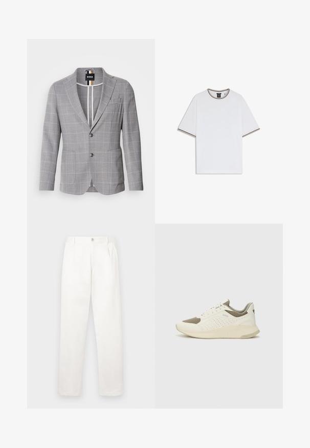 Grå rutmönstrad blazer i ett tyg med en subtil textur. Har spetsiga slag, tvåknappsstängning och framfickor.; Vit T-shirt med kort ärm och svart och beige randig detaljer vid kragen och ärmsluten, med en liten svart BOSS-etikett inuti kragen.; Vita byxor i ett mjukt tyg, med rak benform, framfickor och en enda knappstängning i midjan.; Vit och ljusbeige atletisk sneaker med ett meshöverdrag, perforerade detaljer och en texturerad mellansula med varumärke på hälen.