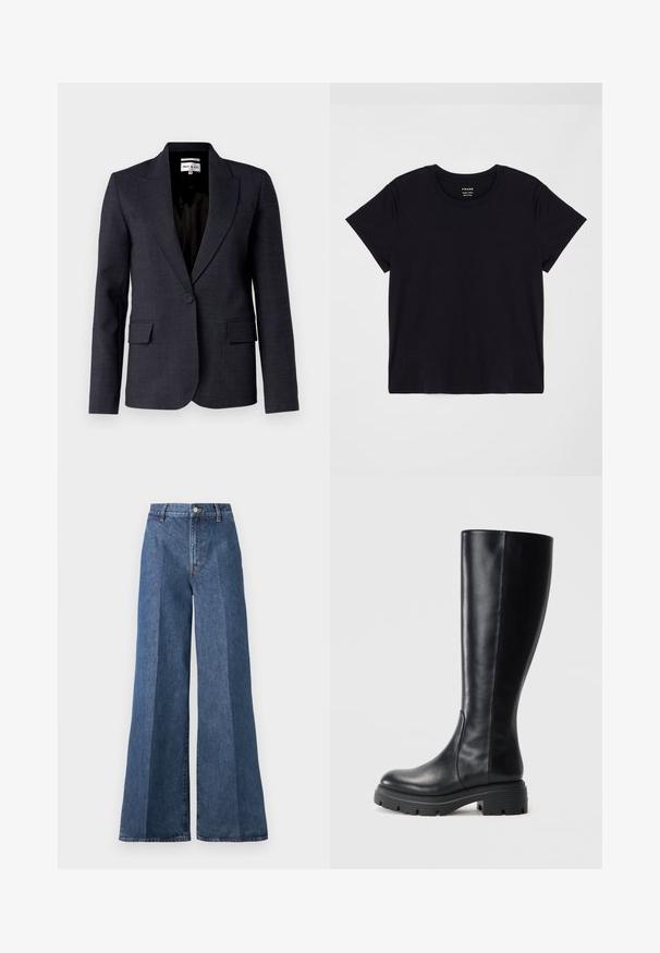 Dunkelgrauer Blazer mit einem einknopfverschluss, zwei vorderen Taschen, Spitzrevers und schwarzer Innenauskleidung. Hergestellt aus strukturiertem Stoff.; Schwarzes Kurzarm-T-Shirt aus weicher Baumwolle. Klassisches Rundhalsausschnitt-Design mit einer einfachen, ungeschmückten Oberfläche und einem lockeren Schnitt.; Weite blaue Jeans mit hoher Taille, im klassischen Five-Pocket-Stil und mit Knopfverschluss, aus strukturierter Baumwollstoff gefertigt.; Schwarze knielange Stiefel aus glattem Leder, mit runder Spitze und einer robusten Gummisohle mit Profilmustern für besseren Halt.