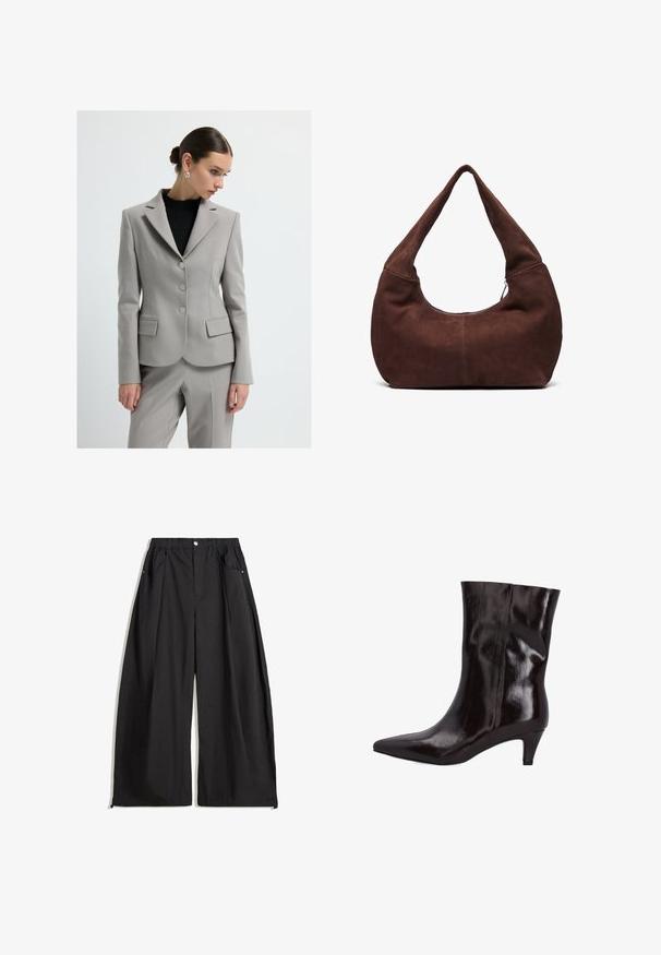 Hellgrau blazer mit einer taillierten Silhouette, zwei vorderen Taschen, drei silbernen Knöpfen und abgerundeten Revers. Tragen über einem schwarzen strukturierten Top.; Weicher hellgrauer Strickpullover mit langen Ärmeln und gerippten Bündchen, Saum und Rundhalsausschnitt.; Schwarze weite Hosen mit hoher Taille, ausgestattet mit Falten, einem Knopfverschluss vorne und zwei seitlichen Taschen. Hergestellt aus einem Stoff mit strukturiertem Finish.; Braune Leder-Ankle-Boots mit spitzer Zehenform und einem 5 cm hohen, schmalen Absatz. Glänzende Textur und nahtloses Design ohne sichtbare Beschläge oder Akzente.; Braune Wildleder-Hobo-Tasche mit einem gebogenen, breiten Griff und einer großen Öffnung. Weiche Textur mit sichtbaren abgesteppten Details entlang der Kanten.
