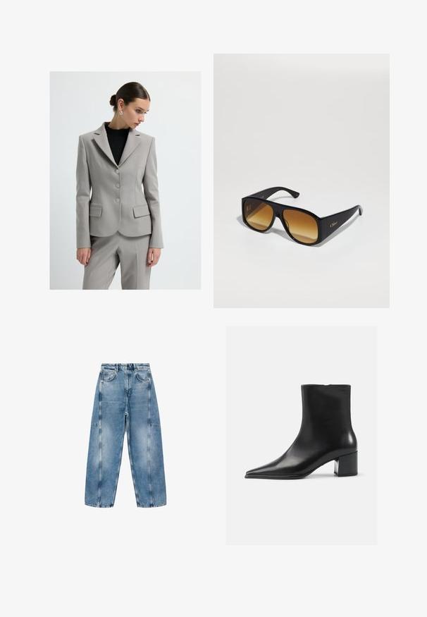 Lys grå blazer med en tætsiddende silhuet, to forlommer, tre sølvknapper og spids lapels. Båret over en sort struktureret top.; Grå cropped sweater lavet af blødt, fuzzy materiale. Har lange ærmer og en rund halsudskæring med en glat, let tekstur.; Hvid kortærmet T-shirt lavet af blød bomuld, med rund halsudskæring og en afslappet pasform med omfoldede kantdetaljer. Ingen mønstre eller accenter.; Lysblå denim jeans har en afslappet pasform, store lommer og kontrasterende syninger. Stoffet har en falmet finish med en glat overflade.; Sort læder ankelstøvle med spidse tæer, glat tekstur og mellemhøj blokhæl. Minimalistisk design, lynlås lukning bagpå.; Sorte rektangulære solbriller med brune gradientlinser. Lavet af plast, med en glat overflade og et diskret guld logo på stangen.
