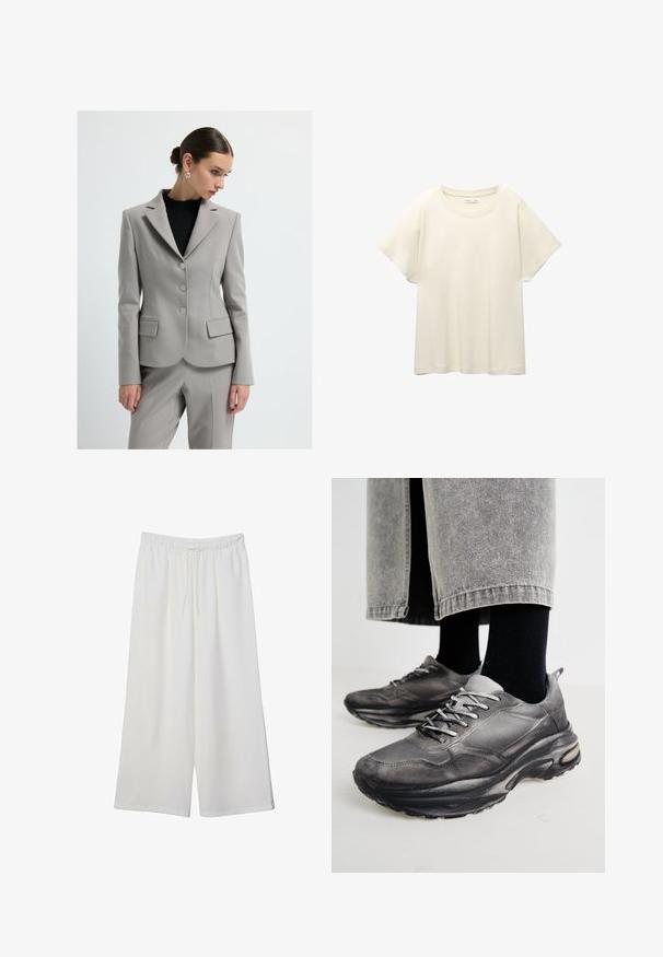 Lys grå blazer med en tætsiddende silhuet, to forlommer, tre sølvknapper og spids lapels. Båret over en sort struktureret top.; Lys beige kortærmet t-shirt med rund halsudskæring, lavet af blødt, glat stof. Har en afslappet pasform og lige forneden.; Hvide vidde bukser lavet af letvægtsstof, med en elastisk talje og snøre for justerbar pasform. Glat tekstur.; Sorte og grå atletiske sko har en mesh-overdel, tykke såler og snørebånd. De har en afrundet tå og synligt dæmpningsdetalje.