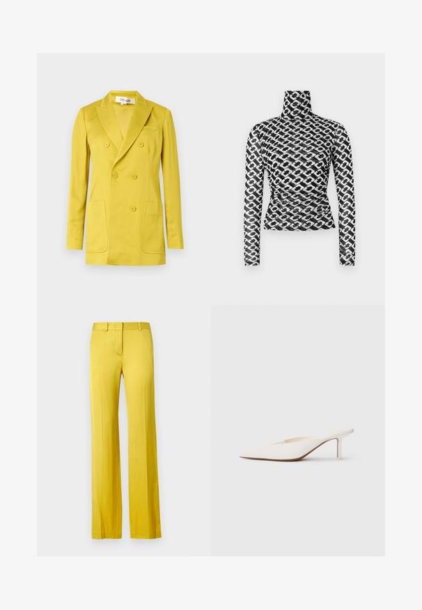 Blazer croisé jaune vif, fabriqué en tissu lisse, doté de revers à encoches, deux poches avant et une poche poitrine unique.; Haut à manches longues avec col roulé en tissu noir transparent orné d'un motif répétitif de chaînes blanches. Coupe ajustée avec des détails froncés subtils à la taille.; Pantalon à jambes larges de couleur jaune vif, en tissu lisse. Comprend une poche frontale et une ceinture cintrée pour un look structuré.; Mule blanc à bout pointu avec un talon stiletto bas. Fabriqué en matériau lisse avec un design minimaliste et un subtil détail de semelle beige.