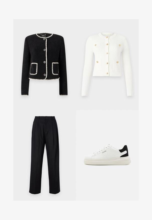 Veste noire avec un empiècement blanc à bord festonné, encolure ronde et six boutons sur le devant. Comprend deux poches à rabat avec une finition assortie. Tissu texturé.; Gilet côtelé blanc à manches longues, avec un col rond, six boutons dorés et deux poches avant avec des détails de rabat.; Haut tricoté blanc à manches courtes avec un motif subtil, doté d'un col rond et d'un accent doré à l'ourlet. La texture semble légère et respirante.; Pantalons noirs au design ajusté, avec une taille haute, des plis et une coupe droite. Fabriqués en tissu lisse de couleur unie.; Baskets en cuir blanc avec une épaisse semelle blanche, un accent en daim noir au niveau du talon et un logo embossé sur le côté. Design à lacets avec six œillets.