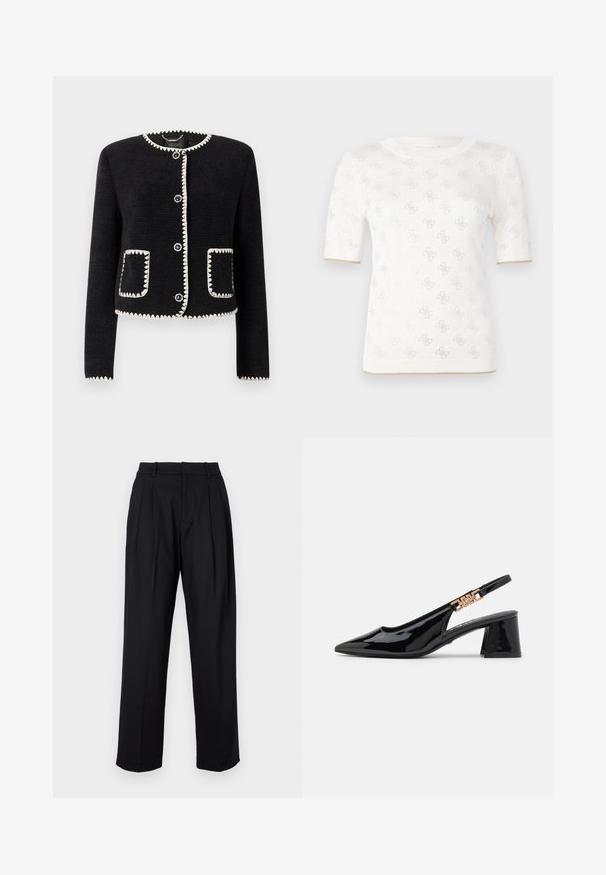 Black jacket with white scalloped trim, round neckline, and six front buttons. Features two patch pockets with matching trim. Textured fabric.; Knitted white short-sleeve top with subtle pattern, featuring a round neckline and gold accent at the hem. texture appears lightweight and breathable.; Black trousers with a tailored design, featuring a high waist, pleats, and straight leg cut. Made from smooth fabric with a solid color.; Black patent leather slingback pumps with a pointed toe and gold-toned hardware on the strap, featuring a block heel. Smooth texture.