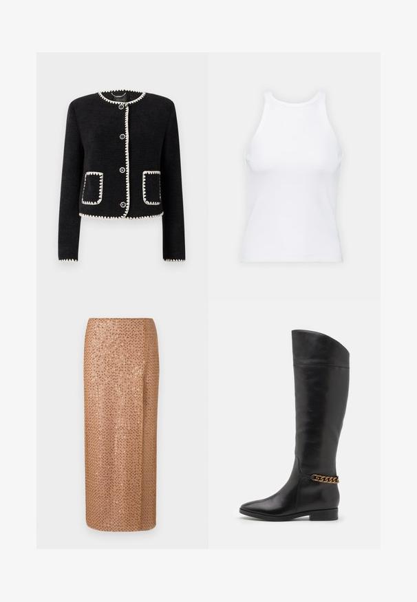 Black jacket with white scalloped trim, round neckline, and six front buttons. Features two patch pockets with matching trim. Textured fabric.; White sleeveless tank top made of ribbed fabric, featuring a rounded neckline and a fitted silhouette, with minimal seams and no embellishments.; Beaded midi skirt in pale beige with a sequin design, featuring a straight silhouette and a side slit for detail and movement.; Tall black leather boots with a sleek design, pointed toe, and a gold chain accent at the ankle. Low block heel. Smooth texture.