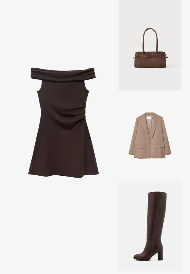 Beige kavaj med sträckta ränder, med slag och två framfickor, samt en slät foder. Har skräddarsydd form och avslappnad passform.; Off-the-shoulder brun klänning med figurnära liv, mjukt tyg och rynkdetaljer i midjan, som vidgar sig i en skaterstil.; Brun läder knähög stövel med klack, slät textur, rund tå och minimala sömnadsdetaljer.; Brun mockaskinnväska med två robusta handtag, rektangulär form och dekorativ remdetalj över framsidan.