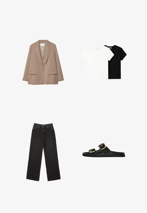 Beige sako s jemným proužkem, se špičatým klopem, dvěma předními kapsami a hladkým podšíváním. Obsahuje upravený tvar a uvolněný střih.; Dvě trička s krátkým rukávem, jedno bílé a jedno černé, vyrobené z bavlny. Obě mají kulatý výstřih a jednoduchý, klasický design.; Černé široké džíny vyrobené z denimu, s malými tečkovanými vzory, klasickým pětikapsovým designem a zapínáním na knoflík a zip.; Černé kluzné sandály s dvěma zlatými sponami, hladkým texturovaným materiálem, plochou podrážkou a minimalistickým designem.
