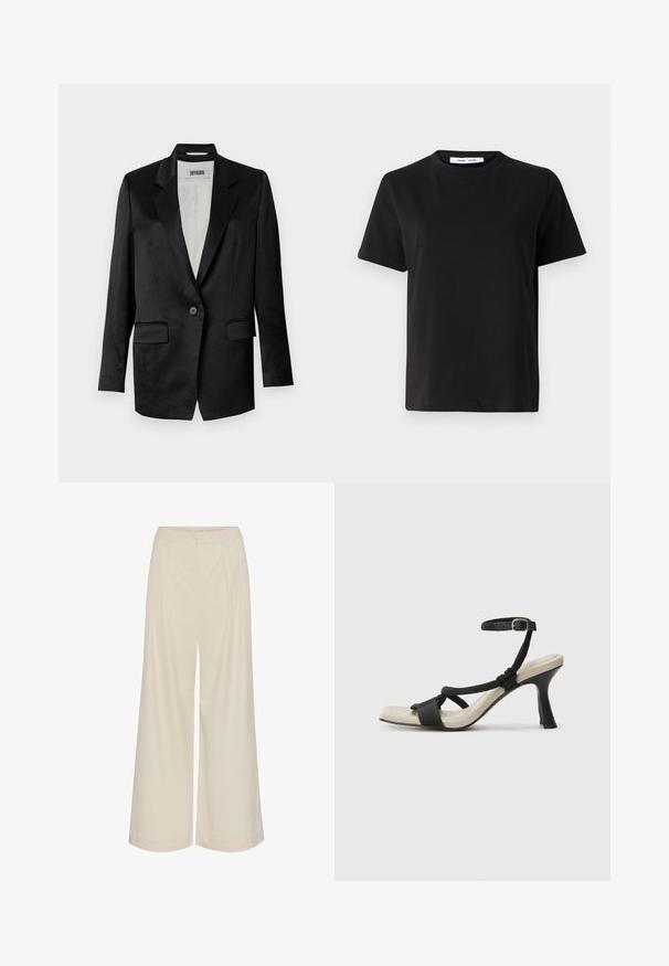 Czarna marynarka wykonana z fakturowanej tkaniny, z klapami, z pojedynczym zapięciem na guzik oraz dwoma przednimi kieszeniami. Podszewka wewnętrzna.; Czarny t-shirt z krótkim rękawem wykonany z miękkiej bawełny, z okrągłym dekoltem, luźnym krojem i gładką fakturą. Bez widocznych wzorów ani grafik.; Szerokie spodnie w jasnym beżowym materiale, z plisami, wysokim stanem i gładką fakturą bez widocznych ozdób.; Czarne sandały na obcasie z plecionym paskiem, kwadratowym noskiem i regulowanym paskiem na kostkę. Jasnobeżowa wkładka z błyszczącym czarnym obcasem.