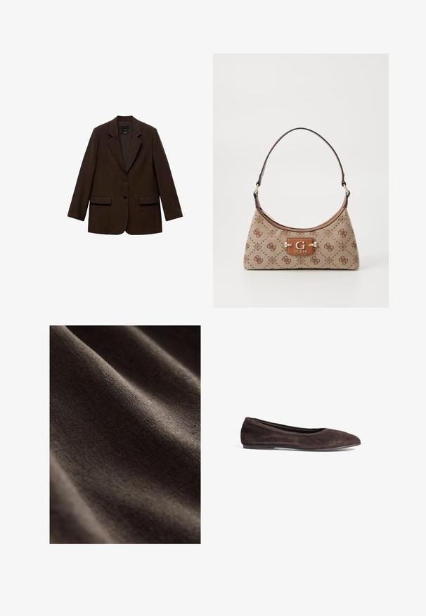 Bruine blazer met een gestructureerd ontwerp, twee voorkanten zakken, twee knopen en met uitgesneden revers. Gemaakt van textuurstof.; Witte T-shirt met korte mouwen en een ronde hals, gemaakt van katoen, met een getailleerde snit en een zwart merklabel aan de binnenkant van de kraag.; Donkerbruine stof met een gladde, gestructureerde oppervlakte, gekenmerkt door subtiele rimpels en een zachte, matte uitstraling. Ideaal voor verschillende textieltoepassingen.; Bruine suède balletschoenen met een spitsneus en een laag profiel. Kenmerkt zich door een gladde textuur en een minimalistisch ontwerp. Geen zichtbare hardware of accenten.; Tote bag van beige stof met bruine patroonaccenten. Beschikt over een gebogen vorm, enkele strap en een logo plaatje aan de voorkant met zilverkleurige hardware.