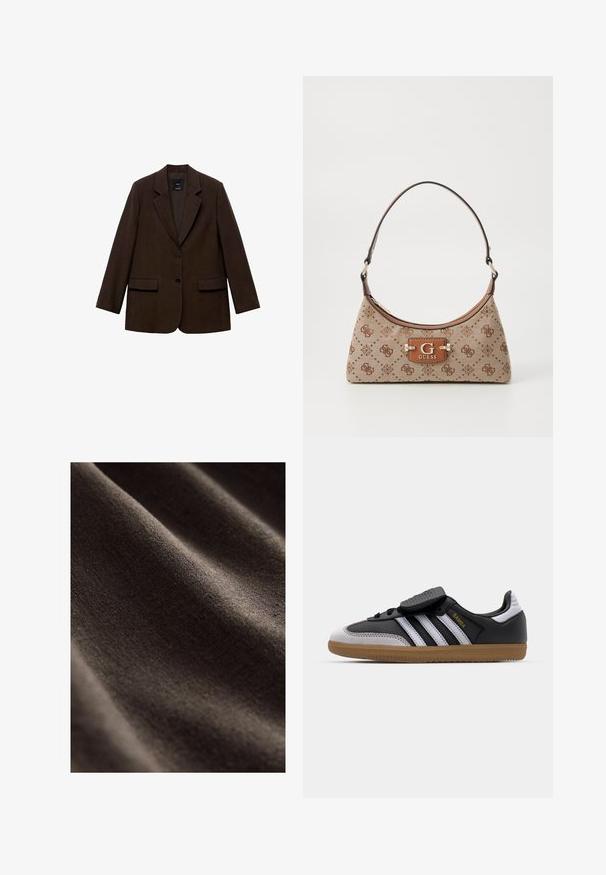 Hnědý blejzr se strukturovaným designem, dvěma předními kapsami, dvěma knoflíky a klopami. Vyroben z texturované tkaniny.; Bílý krátký rukáv tričko s kulatým výstřihem, vyrobené z bavlny, s přiléhavým střihem a černou značkovou nálepkou uvnitř límce.; Tmavě hnědá tkanina s hladkým, strukturovaným povrchem, který má jemné vrásky a měkký matný vzhled. Ideální pro různé textilní aplikace.; Černé kožené a šedé semišové tenisky s bílými pruhy, gumovou podrážkou, šněrováním v přední části a suchým zipem. Značka "Samba" v zlaté barvě.; Plátěná taška v béžové barvě s hnědými vzorovanými akcenty. Má zakřivený tvar, jeden popruh a na přední straně logovou destičku se stříbrným kováním.