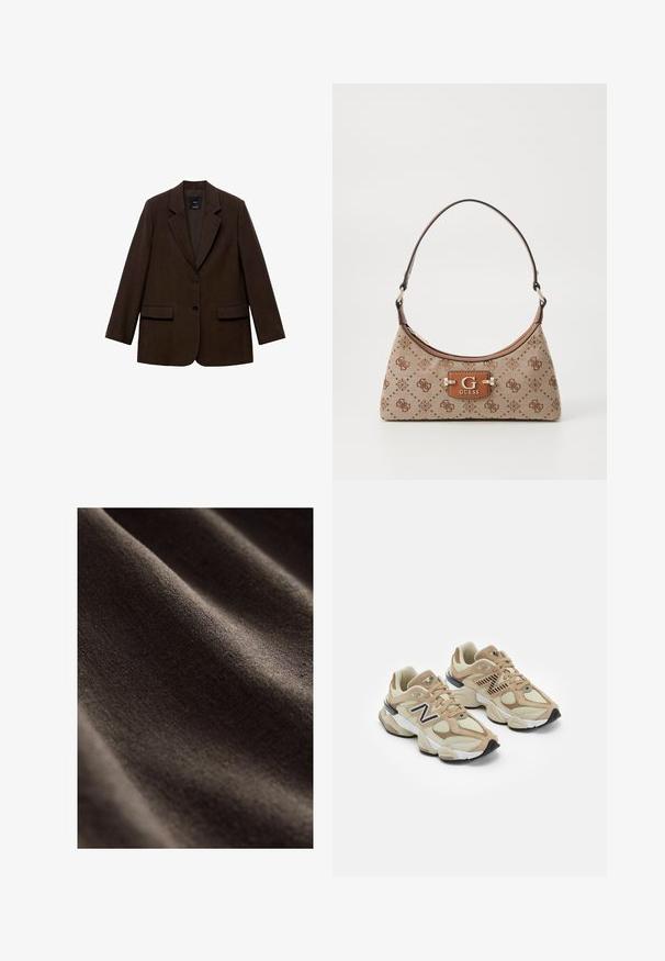 Hnedý blazer so štruktúrovaným dizajnom, dvoma prednými vreckami, dvoma gombíkmi a výstrihom s notched lapel. Vyrobené z štruktúrovanej tkaniny.; Biele tričko s krátkym rukávom a okrúhlym výstrihom, vyrobené z bavlny, s priliehavým strihom a čiernym logom značky vo vnútri goliera.; Tmavohnedá tkanina s hladkým, textúrovaným povrchom, s jemnými vráskami a mäkkým, matným vzhľadom. Ideálna pre rôzne textilné aplikácie.; Béžové tenisky s kombináciou sieťoviny a semišu. Obsahujú čierne logo a štruktúrované akcenty. Hladká biela medzipodrážka a čierna gumová podrážka.; Taška cez rameno z béžovej tkaniny s hnedými vzorovanými akcentmi. Má zakrivený tvar, jedno ramenné ucho a prednú značkovú plaketu so striebornými kovovými prvkami.