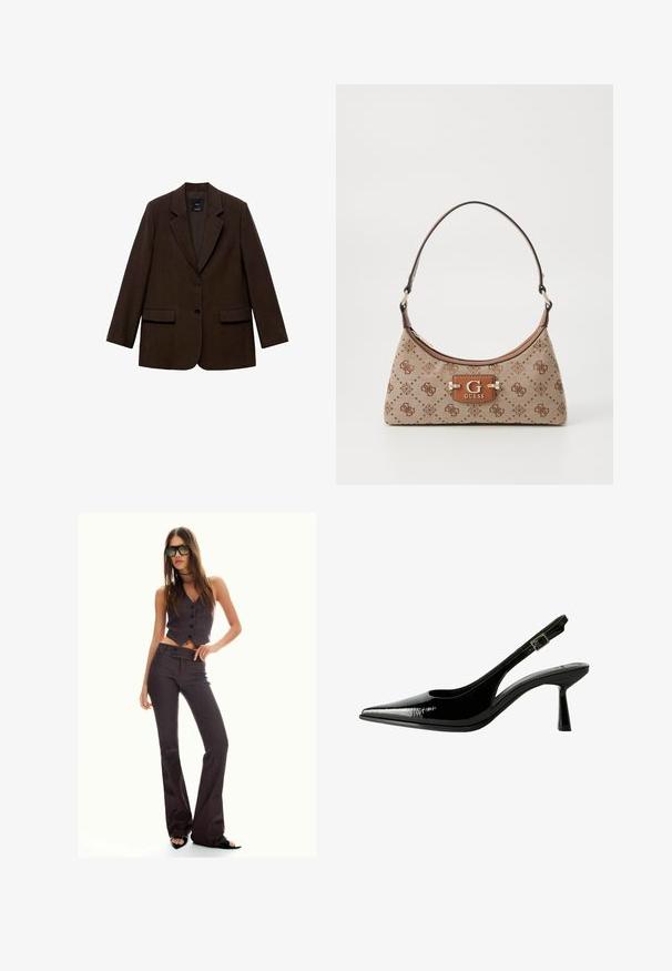 Brun kavaj med en strukturerad design, två framfickor, två knappar och slitsade slag. Tillverkad av textil med struktur.; Krämfärgad långärmad topp med bred halsringning och utsvängda ärmar. Mjuk, lätt tyg. Enkel, minimalistisk design utan dekorationer.; Brun randig kort väst och utsvängda byxor med knappar och en texturerad tyg. Svarta sandaler med öppen tå och stora solglasögon.; Svart lackläder slingback pumps med spetsig tå, urklippta sidor, justerbart vristband och en tunn, elegant klack.; Tote-väska i beige tyg med brunmönstrade detaljer. Har en rundad form, ett enskilt handtag och en logotavla på framsidan med silverfärgad hårdvara.
