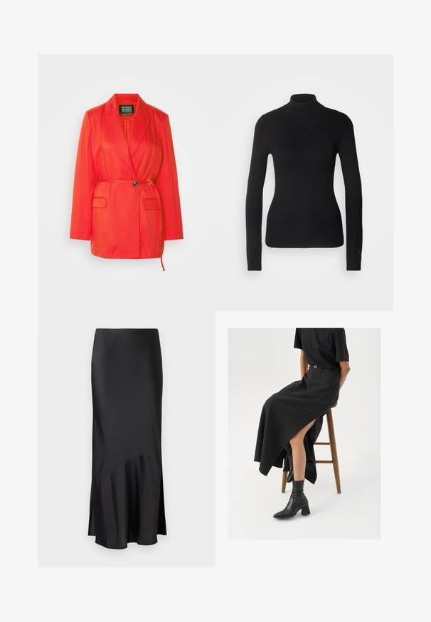 Scotch & Soda BELT DETAIL - Kort kappa / rock - flame red; Svart polotröja i lättstickat tyg. Har långa ärmar, en figurnära design och en mjuk ribbad textur.; Svart satinmidiklänning med en slank design, som har en lätt utflarring vid fållen och en sidoklyvning för ökad rörelsefrihet. Slät textur.; Svart lin maxi kjol med hög slits, bärs med en svart t-shirt och svarta ankelstövlar. Minimalistisk design med en lös passform.