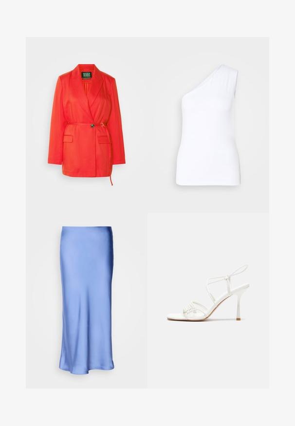 Scotch & Soda BELT DETAIL - Īss mētelis - flame red; Asimetrisks balts topls ar vienu plecu, izgatavots no gludas auduma, ar pieguļošu siluetu un tīrām malām.; Satin zila midi svārki ar gludu, spīdīgu virsmu. Izplūdušā silueta, apakšmalai maigi izliekoties, uzsverot tās plūstošo dizainu.; Baltas striķu augstpapēžu sandales ar plakanu pirkstu daļu, teksturētu priekšpusi ar saveltiem akcentiem un šauru potītes siksniņu.