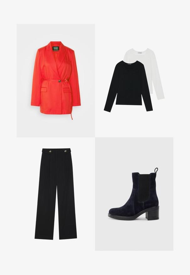 Scotch & Soda BELT DETAIL - Halflange jas - flame red; Twee shirts met lange mouwen, één zwart en één wit, beide met een vierkante halslijn en gemaakt van zacht, rekbaar materiaal.; Zwarte wijde broek met hoge taille, knoopdetails op de tailleband en plooien aan de voorkant.; Marineblauwe suède enkellaars met elastische zijpaneel, ronde neus en blokhak. Gemêleerd weefsel en een gladde zool voegen contrast toe.
