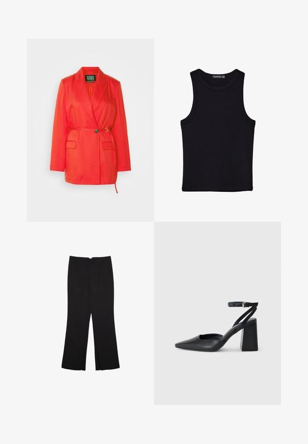 Scotch & Soda BELT DETAIL - Halflange jas - flame red; Zwarte tanktop gemaakt van katoen, met een ronde halslijn en brede armopeningen. Gladde textuur met gestikte zomen. Klassiek, minimalistisch ontwerp.; Zwarte broek met een rechte pasvorm, voorzien van zijzakken en plooien aan de onderzijde. Gemaakt van zachte, gladde stof. Geschikt voor verschillende gelegenheden.; Zwarte leren puntige pump met een enkelbandje en een chunky hak. Vlakke textuur, strakke vormgeving en minimalistische esthetiek.