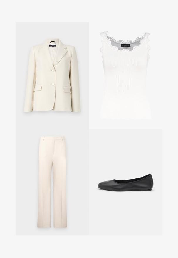 Sacou ivory din țesătură netedă, având rever cu cută, două butoane și două buzunare frontale, cu un design curat și structurat.; Top de damă alb cu dungi, cu dantelă pe decolteu și pe mâneci. Caracteristici: textură moale și formă ajustată. Eticheta brandului vizibilă la interior.; Pantaloni bej, croiți pe linie dreaptă, realizati dintr-un material ușor. Prezintă pliuri frontale și o talie clasică.; Balerini din piele neagră, cu vârf rotund, textură netedă, detalii de cusătură minimale și un design al tălpii flexibil.
