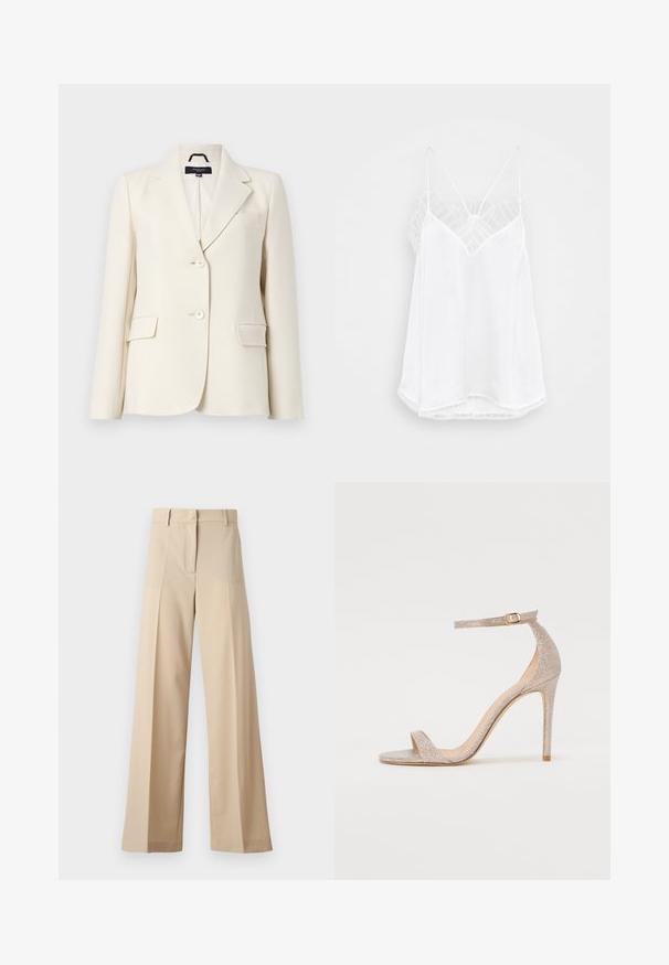 Blazer avorio realizzato in tessuto morbido, con rever a punta, due bottoni e due tasche anteriori, caratterizzato da un design pulito e strutturato.; Camisola bianca con scollatura a V, spalline sottili, dettagli in pizzo testurizzato sulle spalle e orlo curvato. Tessuto morbido.; Pantaloni beige a gamba larga realizzati in tessuto morbido, con fronte piatto e pieghe, zip e passanti per cintura. Vestibilità sartoriale complessiva.; Sandalo con tacco alto e cinturino in oro rosa metallico, caratterizzato da una tomaia testurizzata, punta aperta e cinturino alla caviglia con dettaglio in nappa dorata.