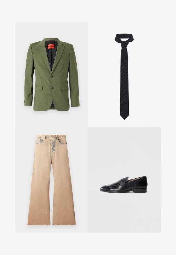 Blazer verde oliva con dos botones delanteros, solapas de muesca y un bolsillo en el pecho; forrado con una tela negra estampada por dentro.; Camisa blanca de manga larga hecha de tela texturizada, con un cuello clásico, cierre de botones en la parte delantera y dobladillo recto, con un ajuste relajado.; Jeans de pierna ancha en color beige con textura desgastada, diseño de cinco bolsillos y detalles de costura a lo largo de las costuras. La cintura tiene un cierre tradicional con botón.; Mocasin de piel negra con un acabado suave, punta afilada y un discreto detalle de costura. Presenta un tacón plano y un logo grabado en el costado.; Corbata negra con rayas diagonales azules, hecha de una tela lisa. Presenta un extremo afilado y un lazo anudado en la parte superior.