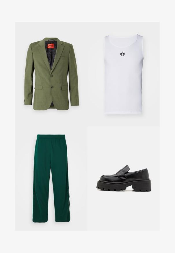 Oliven grøn blazer med to frontknapper, notch lapels og en enkelt brystlomme; foret med et mønstret sort stof indeni.; Hvid ærmeløs tanktop lavet af ribbet stof, med rund halsudskæring og et lille sort logo på brystet.; Grønne, letvægts, elastiske buks med en afslappet pasform. Har sidelommer og hvid stribe-detaljer langs siderne.; Sorte læder loafers med en klodset gummisål, udstyret med en forhøjet platform og en rem henover vristen. Glat tekstur og afrundet form.