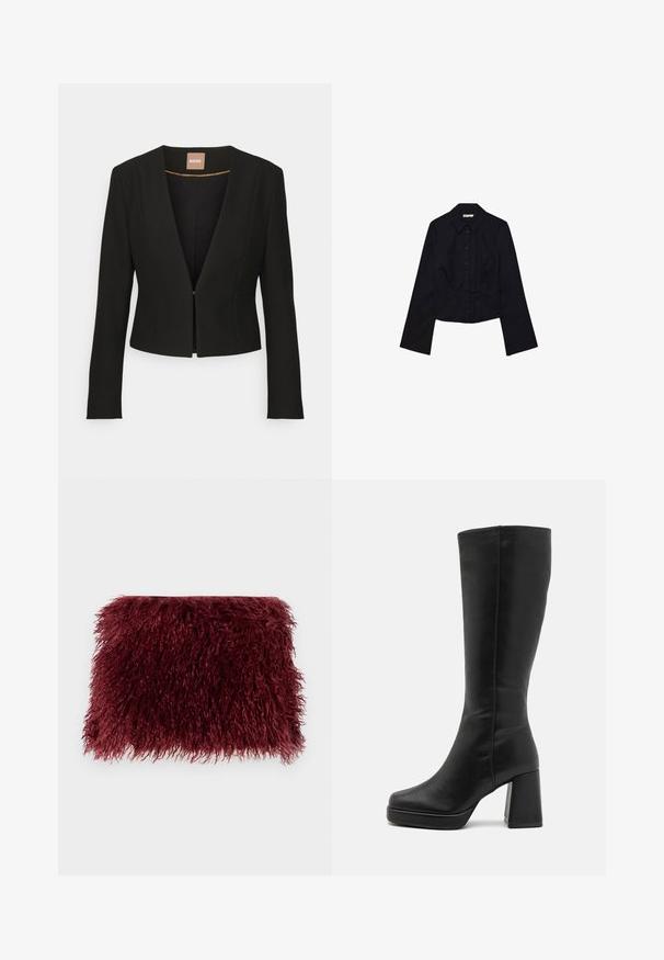 Musta lyhyt bleiseri syvällä V-kaula-aukolla, pitkät hihat ja yksi etulukko. Valmistettu sileästä, kestävästä kankaasta, jossa on hienovarainen kiilto.; Mustat lyhyt crop-top, jossa on pitkät hihat, kauluspää ja nappikiinnitys edessä. Valmistettu sileästä kankaasta, jossa on tiukka muotoilu ja minimaalinen yksityiskohtaus.; Punainen turkislaukku, jossa on teksturoitu, karvainen pinta ja suorakulmainen muoto, jossa on pehmeitä, pitkiä kuituja kauttaaltaan.; Anna Field Korolliset saappaat - black