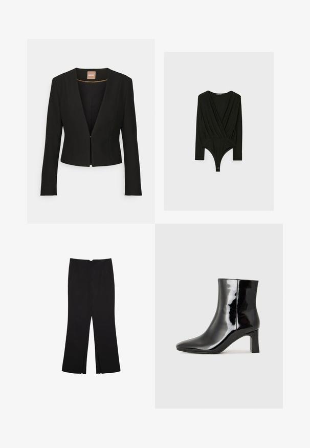 Czarna, krótką marynarka z głębokim dekoltem w kształcie V, długimi rękawami i pojedynczym zapięciem z przodu. Wykonana z gładkiego, mocnego materiału z delikatnym połyskiem.; Czarny bodysuit z długim rękawem, z dekoltem w kształcie litery V, zapinany na klamrę u dołu. Wykonany z miękkiego materiału o gładkiej strukturze.; Czarne spodnie o prostym kroju, z przednimi kieszeniami i bocznymi rozcięciami na dole. Wykonane z miękkiego, gładkiego materiału. Odpowiednie na różne okazje.; Czarne lakierowane botki za kostkę z wysmukłym noskiem i średniej wysokości obcasem w kształcie słupka. Gładka tekstura i minimalistyczny design.