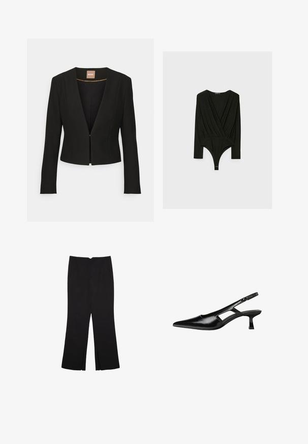 Czarna, krótką marynarka z głębokim dekoltem w kształcie V, długimi rękawami i pojedynczym zapięciem z przodu. Wykonana z gładkiego, mocnego materiału z delikatnym połyskiem.; Czarny bodysuit z długim rękawem, z dekoltem w kształcie litery V, zapinany na klamrę u dołu. Wykonany z miękkiego materiału o gładkiej strukturze.; Czarne spodnie o prostym kroju, z przednimi kieszeniami i bocznymi rozcięciami na dole. Wykonane z miękkiego, gładkiego materiału. Odpowiednie na różne okazje.; Czarne lakierowane czółenka na odkrytej pięcie z wąskim noskiem, z wykrojem po bokach i małym kwadratowym obcasem. Gładka faktura z minimalnymi akcentami.