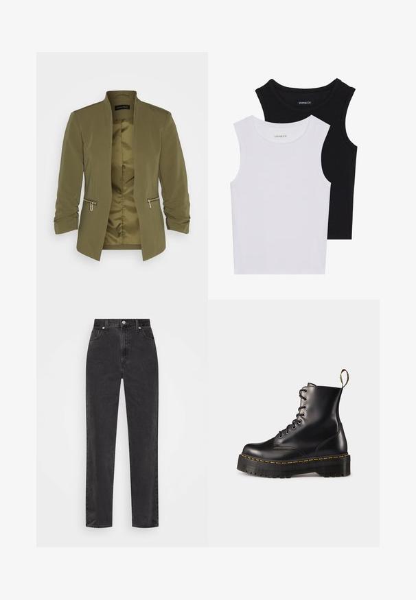 Oliivroheline kerge bleiser, millel on sile vooder, avatud eesmine osa ja kaks lukuga taskut. Omab rüüstatud varrukaid ja kaelust ei ole.; Kaks lühikeste varrukateta toppi mustas ja valges, valmistatud ribakudumist, ümarate kaelustega ja sobiva disainiga. Mõlemal on nähtavad sildid.; Sirged mustad teksapüksid kõrge vöökohaga, esi-nupp ja tõmblukk, viie taskuga stiil valgel taustal.; Mustad musta nahast kingad, millel on paks must solk ja kollane õmblus. Tagaküljel on tõmblõng ja ümmargused metallisest silmad.