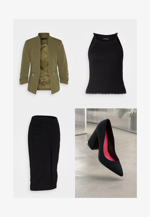 Olívazöld, könnyű blézer sima béléssel, nyitott elülső résszel és két cipzáras zsebbel. Ragyogó ujjakkal és gallér nélkül készült.; Fekete bordázott ujjatlan felső, csipkés, fodros szegéllyel az alján. Vékony pántokkal és testhez simuló kialakítással rendelkezik. Stretch anyagból készült.; Fekete, ráncolt ceruzaszoknya kötött részlettel és oldalsó hasítékkal. Rugalmas anyagból készült, sima textúrával és testhez álló kialakítással.; Fekete magassarkú cipő hegyes orral, textúrált felülettel és élénk rózsaszín béléssel. Vastag sarokkal rendelkezik, ezüst kiegészítővel.
