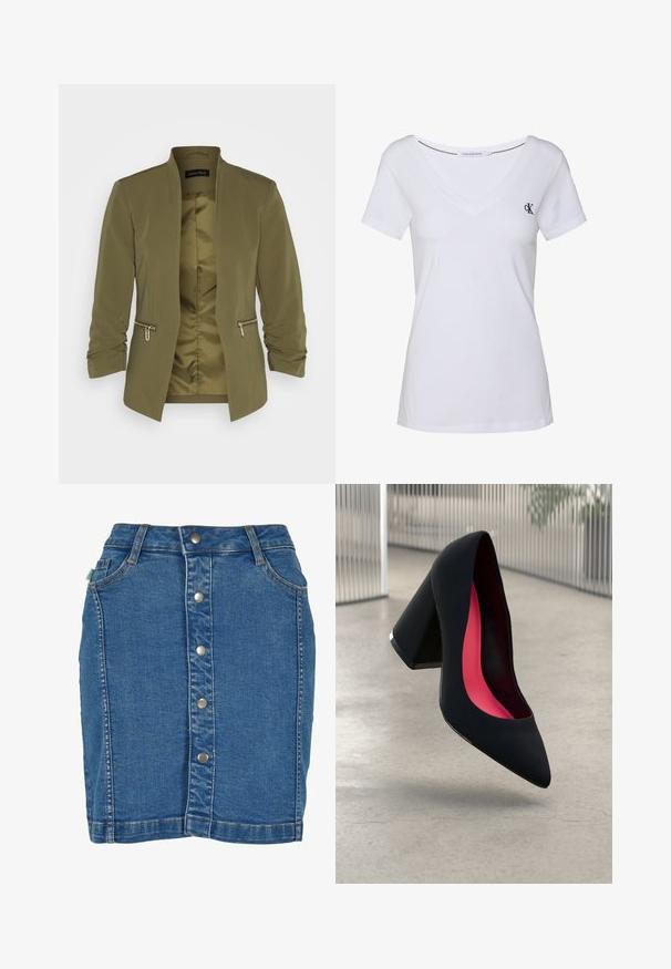 Blazer léger vert olive avec une doublure lisse, à l'avant ouvert et deux poches zippées. Présente des manches froncées et sans col.; T-shirt en coton blanc à manches courtes, design à col en V, avec un petit logo marine sur la poitrine gauche et un ourlet droit.; Jupe en denim avec une fermeture à boutons sur le devant, une coupe ajustée, de couleur bleu clair et de subtils détails de couture.; Chaussure à talon noir avec un bout pointu, surface texturée et un intérieur rose vif. Dotée d'un talon épais avec un accent en argent.