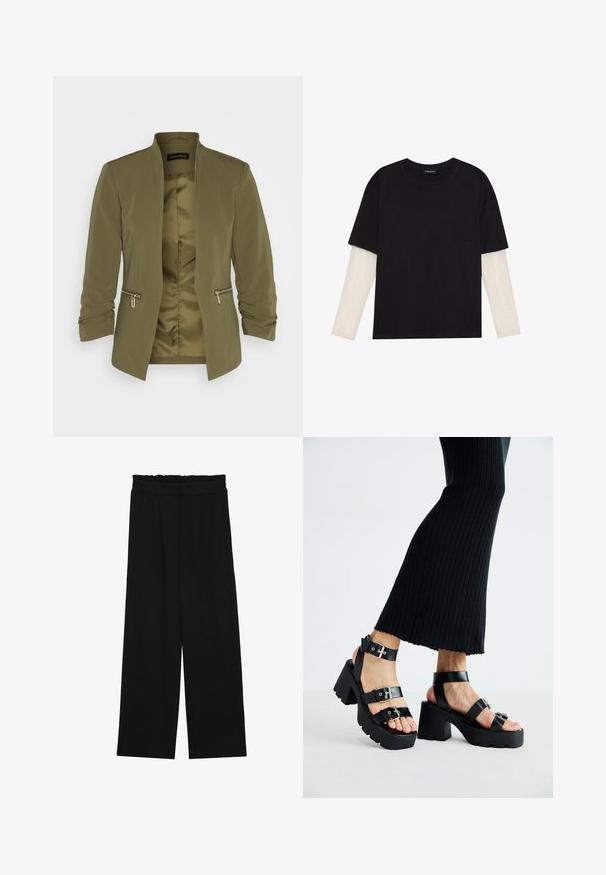 Olivenfarget lett blazer med glatt fôr, åpen front og to glidelåslommer. Har rynkede ermer og ingen krage.; Svart T-skjorte laget av bomull, med korte ermer over et hvitt langermet lag med en subtil teksturert mønster. Rund hals design.; Svarte vide bukser med rynket liv, med to sidelommer og et glatt, lett stoff. Ingen synlige mønstre eller metalldeler.; Sorte plattformsandaletter med kraftige såler og flere stropper, med metallspenner og en jevn lær-lignende tekstur.