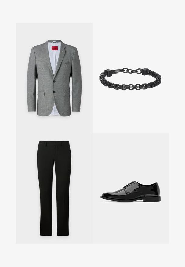 Šedý vzorovaný blazer s klopovým golierom, dvoma gombíkmi a dvoma prednými vreckami. Podšitý svetlomodrou tkaninou a obsahuje červenú značkovú nálepku vo vnútri.; Čierny rolák z jemnej pleteniny. Má dlhé rukávy a priliehavý strih s rebrovaným golierom a lemom. Minimalistické brandovanie.; Čierne nohavice s prispôsobeným strihom, ktoré majú hladkú textúru a rovný strih nohavíc. Pás má pútka na opasok a čisté zakončenie.; Čierne lakované kožené topánky s okrúhlou špičkou, šnurovací dizajn a hladký, lesklý povrch. Obsahujú nízky gumový podrážku.; Čierny kovový náramok s reťazovým vzorom, ktorý obsahuje prepojené články, štvorcové akcenty a hladký povrch. Nastaviteľný dizajn pre prispôsobenie.