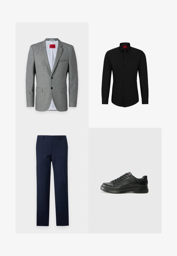 Harmaa kuvioitu bleiseri, jossa on viistetyt kaulukset, kaksi nappia ja kaksi etutaskua. Vuorattu vaaleansinisellä kankaalla ja sisällä on punainen bränditagi.; Mustassa pitkähihaisessa paidassa on nappi edessä, klassinen kaulus ja pyöristetty helma; siinä on mustat napit ja punainen logo kauluksen sisäpuolella.; Laivansiniset housut, joissa on räätälöity istuvuus, sileä pinta, terävät taitteet ja tasainen etuosa. Piilovetoketjuhalkio.; Musta nahkakengät, joissa on teksturoidun pinnan, pehmustettu kaulus ja punainen logo. Kengissä on paksu kumipohja, jossa on selkeä uramalli.