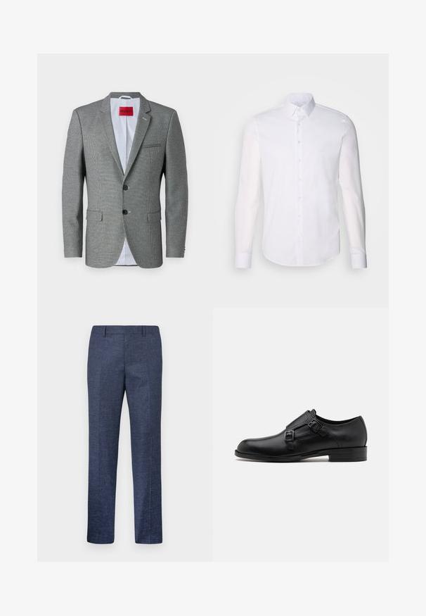 Blazer à motifs gris avec un col cranté, deux boutons et deux poches avant. Doublé de tissu bleu clair et comporte une étiquette de marque rouge à l'intérieur.; Chemise blanche à manches longues en coton, dotée d'un col classique, de boutons à l'avant et de détails de couture minimalistes.; Pantalon bleu marine en tissu texturé, avec des jambes droites, un devant plat et deux poches latérales. Pas de motifs ou d'accents visibles.; Chaussure habillée en cuir noir avec double boucle, silhouette élégante et bout rond. Dispose d'un petit talon et d'une texture lisse.