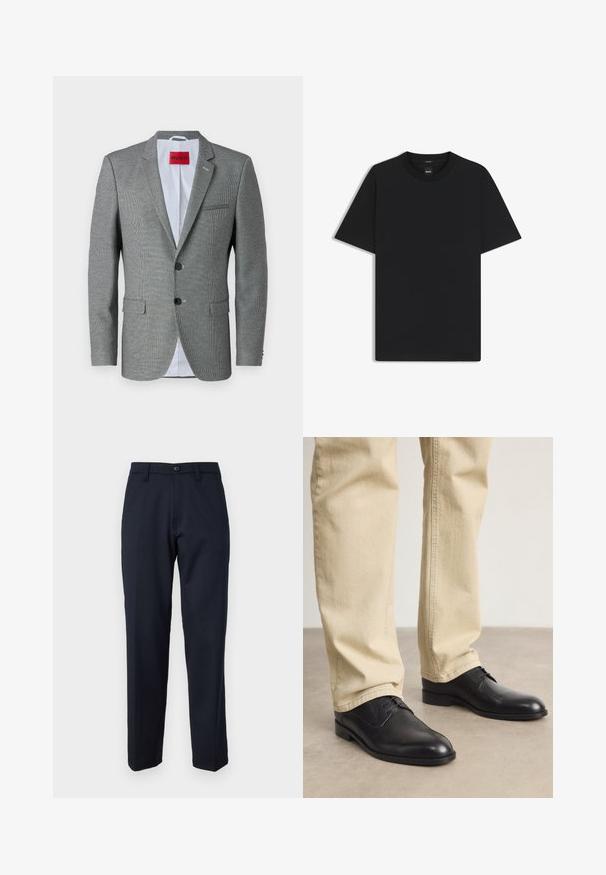 Grijze geblokte blazer met een gesneden revers, twee knopen en twee voorkruiszakken. Gevoerd met lichtblauwe stof en voorzien van een rode merketiket aan de binnenkant.; Zwarte korte mouwen T-shirt van een gladde katoenmix, met een ronde halslijn en een minimalistisch ontwerp zonder patronen of accenten.; Marineblauwe broek van gladde stof, met een knoop aan de voorkant, recht model en zijzakken. Geen patronen of versieringen zichtbaar.; Zwarte leren veterschoenen met een ronde neus, een gladde afwerking en subtiele stikdetails, gedragen met lichtbeige broeken.