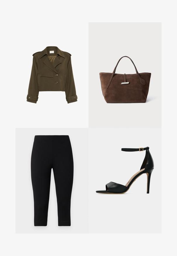 Olive green cropped jacket with a double-breasted design, large lapels, two front pockets, and button details on cuffs.; Long-sleeved, collared wrap blouse in beige with a brown tiger stripe pattern; features a tied waist and soft, sheer texture.; Black capri leggings made of stretchy material, featuring a snug fit and smooth texture, with no prominent patterns or accents.; Black high-heeled sandal with open toe, smooth leather upper, ankle strap with gold buckle, and a beige footbed.; Brown suede tote bag with two soft handles, a vertical strap with a silver accent, and a wide, open top. Smooth texture, minimalist design.