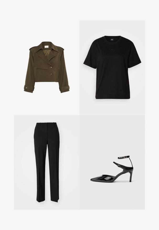 Olijfgroene cropped jack met een dubbelgebreid ontwerp, grote revers, twee voorkanten zakken en knoopdetails op de mouwen.; Zwarte katoenen t-shirt met een ronde hals, korte mouwen en een geborduurd logo op de borst. Eenvoudige, comfortabele pasvorm zonder patronen.; Zwarte op maat gemaakte broek met een recht model, voorzien van een soepele textuur en scherpe plooien aan de voorkant. Geen zichtbare hardware.; Zwarte laarzen van gepatenteerd leer met een spitse neus, verstelbare enkelbandjes en een slanke hak. Gladde textuur met een glanzende afwerking.