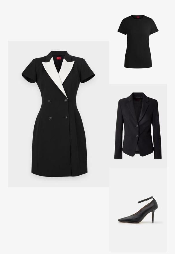 Sort skræddersyet blazer med revers, to knapper foran og sidelommer, præsenteret mod en ensfarvet hvid baggrund.; Sort dobbeltradet kjole med korte ærmer, hvide sjalslag og sorte knapper. Skræddersyet pasform med en struktureret design.; Sort bomulds T-shirt med korte opklappede ærmer, rund halsudskæring og et rødt mærke. Glat tekstur, tætsiddende form med minimal detaljer.; Sort læder højhælede sko med spids tå, ankelrem og en tynd hæl. Glat tekstur med en guldaccent på hælbasis.