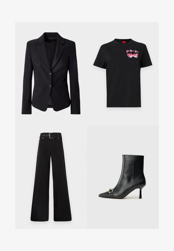 Čierny strihaný blejzer s klopovým límcom, dvoma prednými gombíkmi a bočnými vreckami, zobrazený na jednoduchom bielom pozadí.; Čierne bavlnené tričko s krátkymi rukávmi s ružovou grafikou slnečných Okulárov a textom "Nie som tvoja dievčina" na ľavej strane hrudníka.; Čierne nohavice so širokými nohavicami vyrobené z bavlny, s vysokým pásom, veľkými bočnými vreckami a opaskom s prackou so striebornými detailmi.; Čierna kožená členková obuv s špicatou špičkou, štíhlým stredne vysokým podpätkom a striebornou sponou na boku na jednoduchom pozadí.