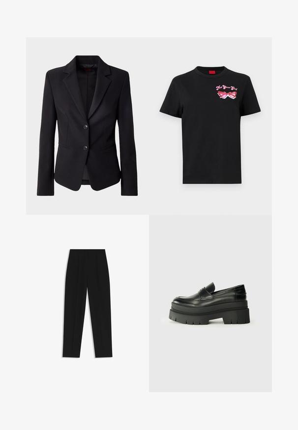 Czarna dopasowana marynarka z klapami, dwoma guzikami z przodu i bocznymi kieszeniami, wyeksponowana na jednolitym białym tle.; Czarna bawełniana koszulka z krótkim rękawem, z różowym graficznym wzorem okularów przeciwsłonecznych i napisem "Nie Twoja Dziewczyna" po lewej stronie klatki piersiowej.; Czarne spodnie o prostym kroju, z podwójnymi zakładkami, gładką teksturą i klasycznym krojem w talii. Bez widocznych elementów metalowych ani akcentów.; Czarne skórzane loafersy z grubą platformą. Okrągły nos, detal szwu z przodu i subtelne akcenty przeszycia. Płaska, teksturowana podeszwa.