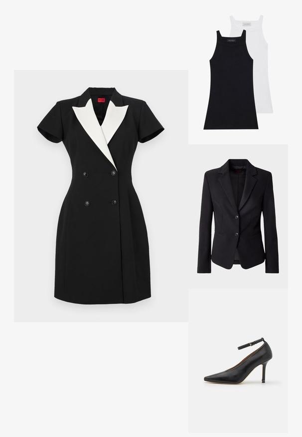 Sort skræddersyet blazer med revers, to knapper foran og sidelommer, præsenteret mod en ensfarvet hvid baggrund.; To sove tops i sort og hvid. Lavet af blødt, strækbart stof med en ribbet tekstur og et tætsiddende design. Har smalle stropper.; Sort dobbeltradet kjole med korte ærmer, hvide sjalslag og sorte knapper. Skræddersyet pasform med en struktureret design.; Sort læder højhælede sko med spids tå, ankelrem og en tynd hæl. Glat tekstur med en guldaccent på hælbasis.
