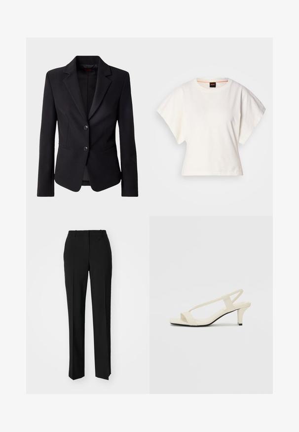 Blazer negro ajustado con solapas de muesca, dos botones delanteros y bolsillos laterales, presentado sobre un fondo blanco liso.; Camiseta blanca recortada, con mangas cortas y anchas, material de algodón suave, cuello redondo con un sutil ribete naranja, diseño minimalista, sin patrones ni gráficos.; Pantalones negros ajustados con un diseño de pierna recta, que presentan una textura suave y pliegues nítidos en el frente. Sin herrajes visibles.; Sandalias de tacón cuadrado en color beige con tiras delgadas y punta cuadrada. Material suave con un diseño minimalista, diseñado para facilitar su uso.