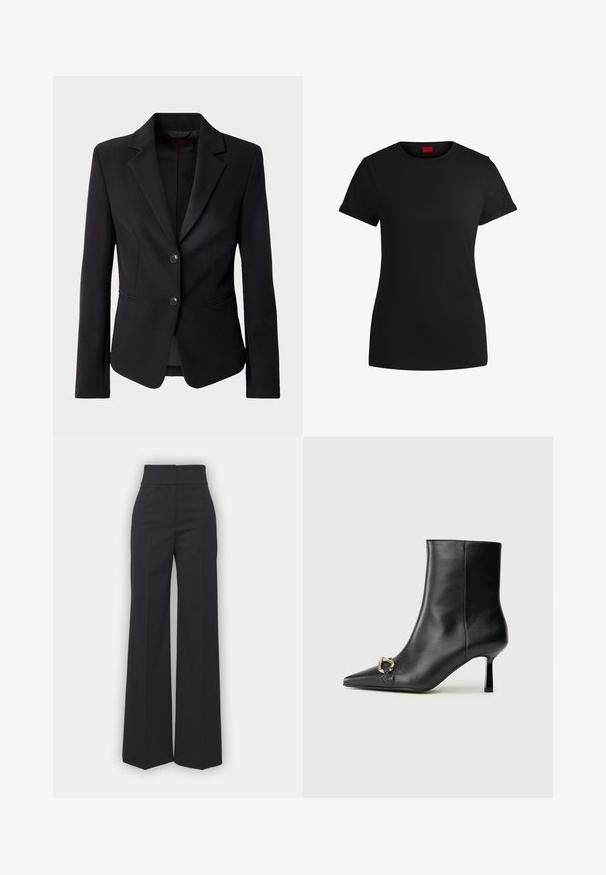 Blazer negro ajustado con solapas de muesca, dos botones delanteros y bolsillos laterales, presentado sobre un fondo blanco liso.; Camiseta de algodón negra con mangas cortas enrolladas, escote redondo y etiqueta roja. Textura suave, forma ajustada y con un detalle minimalista.; Pantalones de pierna ancha en tejido negro con una cinturilla alta, presentando un acabado limpio y una textura suave. Sin herrajes ni patrones visibles.; Botín negro de cuero hasta el tobillo con punta afilada, tacón delgado de altura media y detalle de hebilla plateada en el lateral, sobre un fondo liso.