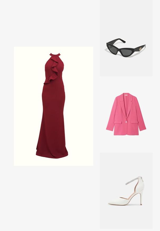 Rosa maßgeschneiderte Blazerjacke mit langen Ärmeln, Reverskragen und zwei Vordertaschen. Einzelne Knopfverschluss in der Mitte. Glatter, strukturierter Stoff.; Burgunderfarbendes Neckholder-Kleid mit Rüschendetails an der Seite; figurbetonende Silhouette; aus glattem, dehnbarem Stoff gefertigt; bodenlanger Schnitt.; Weißer High Heel Schuh mit spitzem Zehenbereich, aus Leder gefertigt, verstellbare Knöchelriemen verziert mit Strasssteinen und schlanker Stiletto-Fuß. ; Cat-Eye-Sonnenbrille mit mattem schwarzen Kunststoffrahmen, dunklen Gläsern und einem goldenen Logoplatz auf dem Bügel. Winkeliges Design und glatte Oberfläche.; Michael Kors Clutch in beige beschichtetem Canvas mit einem wiederholten MK-Logo-Muster, goldfarbener hardware und einem abnehmbaren Kettenriemen.