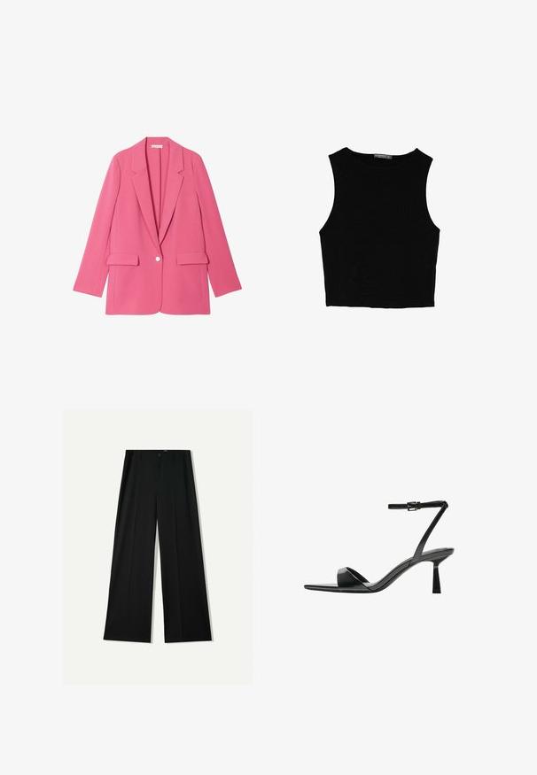 Roze op maat gemaakte blazer met lange mouwen, ingeknipte revers en twee voorzakken. Enkele knoopsluiting in het midden. Glad, gestructureerd materiaal.; Zwarte mouwloze crop top van soepel materiaal, met een ronde hals en een schone, eenvoudige uitstraling zonder patronen of hardware.; Bershka WIDE - Broek - black; Bershka Sandalen met hoge hak - black