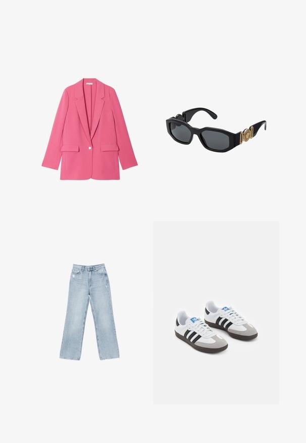 Pink tailored blazer with long sleeves, notched lapels, and two front pockets. Single button closure in the center. Smooth, structured fabric.; White long-sleeve shirt made of cotton blend, featuring a scoop neckline and a slim fit design. No visible patterns or accents.; Light blue denim jeans with a wide-leg cut, distressed detailing, five-pocket design, and a zip-fly closure.; Sport shoes with a white leather upper, gray suede toe, and three black stripes. Features a blue logo on the tongue and a textured rubber sole.; Black sunglasses with a chunky geometric frame, dark lenses, and gold metal accents on the temples featuring a round emblem detail.