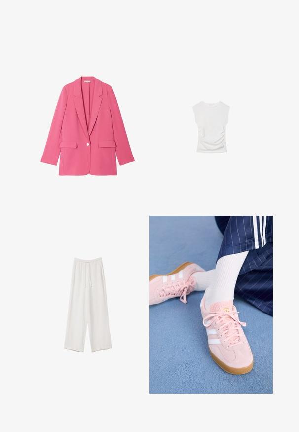 Rosa maßgeschneiderte Blazerjacke mit langen Ärmeln, Reverskragen und zwei Vordertaschen. Einzelne Knopfverschluss in der Mitte. Glatter, strukturierter Stoff.; Weißes Kurzarmoberteil mit Rundhalsausschnitt. Verfügt über geraffte Textur an den Seiten und eine figurbetonte Silhouette, gefertigt aus weichem, dehnbarem Material.; Weiße weit geschnittene Hose aus leichtem Stoff. Mit einem elastischen Bund und Kordelzug sowie Seitentaschen. Glatte Textur.; Hellrosa Wildleder-Sneaker mit weißen Streifen und Schnürsenkeln, ausgestattet mit einer strukturierten Zunge und einer Gummisohle, auf einem blauen Teppich platziert.