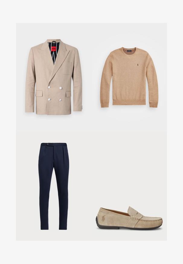 Bežna dvoredna blazer jakna iz teksturiranega materiala, s štirimi belimi gumbi, reverji in enim žepom na prsih. Podložena s črtastim materialom.; Bež pleteni pulover z okroglo izrezom, rebrastimi manšeti in robom ter majhnim vezenim logotipom na levi prsni strani.; Temno modri hlače po meri z ravnim sprednjim delom, dvema sprednjima pregiboma in z enim gumbom za zapiranje, iz gladkega teksturiranega materiala.; Bež nubuk loafers s šivano podrobnostjo, ravnim gumijastim podplatom in majhnim logotipom ob strani. Klasična zasnova za enostavno obuvanje, mehak material.