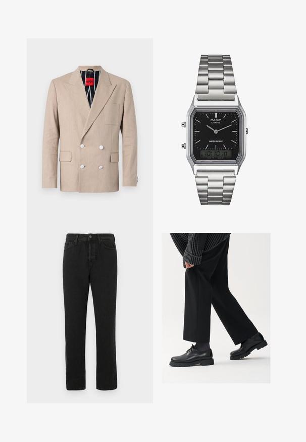 Beige dubbelgeknoopte blazer van geweven stof, met vier witte knopen, kleplapels en een enkele borstzak. Gefladderd met gestreepte stof.; Witte lange mouwen overhemd met knopen, gemaakt van katoen, voorzien van een klassieke kraag, voorkant met knopen en minimale stikdetails.; Zwarte straight-leg denim jeans met een sluiting met knoop en ritssluiting aan de voorkant, riemlussen en een vijf-pocket ontwerp, weergegeven op een witte achtergrond.; Zwarte leren schoenen met een afgeronde neus, vetersluiting en een dikke, getextureerde zool. Draagt een gepaste zwarte broek en een geribbelde trui.; Zilveren roestvrijstalen quartzhorloge met een zwart rechthoekig uurwerk, voorzien van analoge wijzers, digitale weergave en het label voor waterbestendigheid.